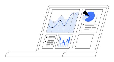 Ekranda çizgi grafikleri, bar grafikleri ve pasta grafikleri gibi çeşitli veri görselleştirmeleri olan bir dizüstü bilgisayar aç. İş analizleri, veri bilimi, piyasa araştırması, raporlama ve finansal planlama için ideal