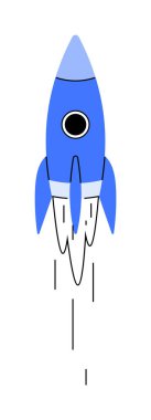 A blue rocket with a simplistic design blasting off. Ideal for space themes, science fiction, technology, adventure, imaginative exploration. Minimalist, clean, modern. clipart