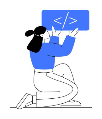 Bir kadın başının üstünde bir kod işareti tutarken diz çöker. Kodlama, programlama, yazılım geliştirme, web geliştirme, teknoloji ve eğitim temaları için idealdir. Minimalist vektör biçimi.