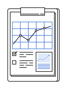 Çizgi çizelgesi, kontrol listesi ve başka bir küçük tabloyu gösteren pano. İş sunumları, veri analizleri, proje yönetimi, mali raporlar ve stratejik planlama için ideal. Basit, modern st