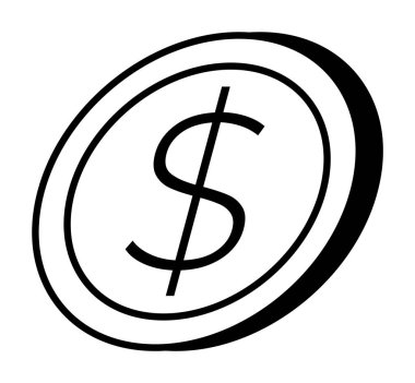 Dairesel madeni para tasarımının içinde siyah beyaz dolar işareti. Finans, bankacılık, yatırımlar, ekonomik sunumlar ve dijital para birimi materyali için ideal. Temiz çizgi sanat tarzı.