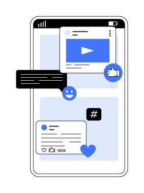 Sosyal medya simgeleri, bildirimler, mesajlar içeren akıllı telefon ekranı. İletişim için ideal, sosyal medya, teknoloji, dijital pazarlama, çevrimiçi etkileşim. Basit, modern minimalist stil
