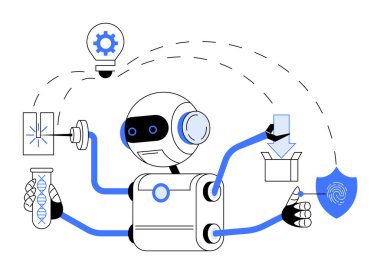 Bir robot kodlama, yenilik ve araştırma gibi görevleri yerine getiriyor. Teknoloji, yapay zeka, robot bilimi, yenilik ve bilim için idealdir. Basit vektör biçimi.
