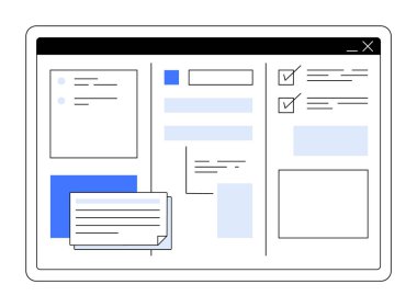 Kontrol listeleri, notlar ve mavi-beyaz kutular gibi unsurları olan bir bilgisayar ekranının temiz ve düzenli düzeni. Üretkenlik, görev yönetimi, proje planlaması, kullanıcı arayüzü tasarımı ve