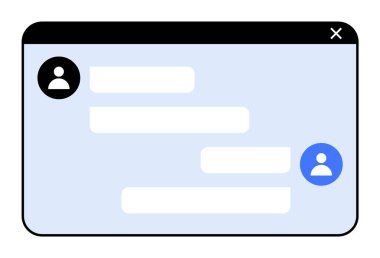 Metin baloncukları ve kullanıcı simgeleriyle mesajlaşma penceresi. İletişim, sohbet, mesajlaşma uygulamaları, çevrimiçi etkileşim, kullanıcı arayüzü için ideal. Basit vektör sanatı, en az.