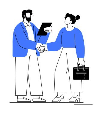 Resmi olarak giyinmiş iki profesyonel, bir belgeyi paylaşırken el sıkışıyor. Takım çalışması, anlaşma, iş görüşmesi, profesyonel iletişim, iş ortaklığı için ideal. Temiz, minimal, modern