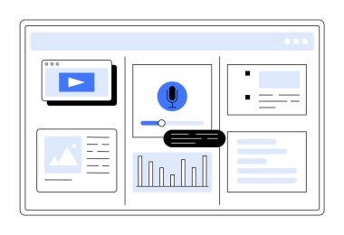 Video, mikrofon, belge ve grafikler gibi çeşitli multimedya ve veri unsurları. İş sunumları, veri analizleri, proje yönetimi, web geliştirme ve multimedya tasarımı için ideal. Mini.