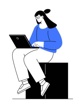 Blokta oturan ve dizüstü bilgisayarda yazan bir kadın. Uzaktan çalışma, serbest çalışma, eğitim, üretkenlik ve modern yaşam tarzı temaları için idealdir. Basit, minimalist vektör biçimi.