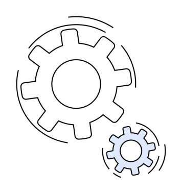 Birbirine kenetlenmiş iki vites, biri daha büyük, biri daha küçük, hareket halinde. Basit ve temiz bir tasarım. Takım çalışması, yenilik, mekanik, mühendislik, teknoloji, basitlik için ideal.