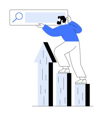 Çubuk grafikte elinde büyüteçle duran kişi. İş büyümesi için ideal, arama optimizasyonu, analitik, ilerleme izleme, veri görselleştirme. Basit modern düz stil.