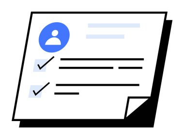 Kağıtta bir profil avatörü ve bir sayfadaki iki kontrol işareti yer alıyor. Kullanıcı profilleri, görev takibi, yönetim, proje yönetimi, organizasyon araçları için ideal. Basit modern vektör biçimi.