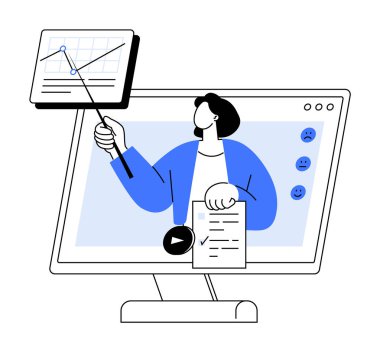 Ekrandaki tabloya bakıp verileri açıklayan kişi. Çevrimiçi öğrenim için ideal, webinarlar, veri analizleri, sanal sunumlar, eğitim, eğitim kaynakları. Basit, temiz vektör.