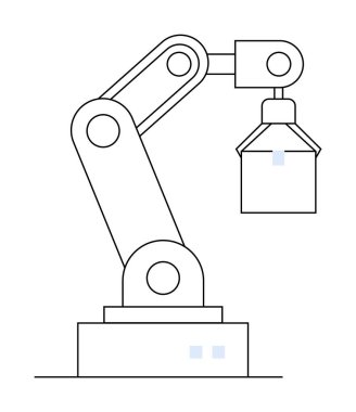 Bir kutuyu kaldıran robot kol modern otomasyonu sembolize eder. Teknoloji, mühendislik, robot bilimi, endüstriyel tasarım ve üretim temaları için idealdir. Basit çizgi vektör biçimi.