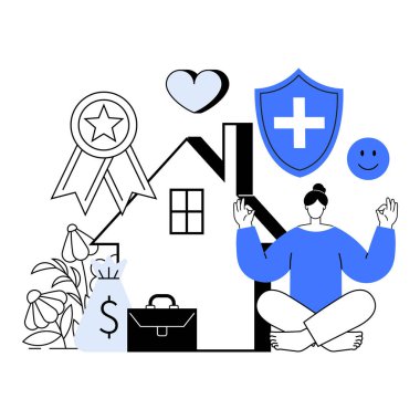 Sağlık, para, başarı ve mutluluk simgeleriyle çevrili bir evin önünde meditasyon yapan bir insan. Sağlık, zenginlik, refah, ev hayatı, farkındalık için idealdir. Minimalist, temiz, modern