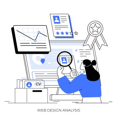Bir kadın bilgisayar ekranını çizelgeler, grafikler ve belgelerle inceliyor. Web tasarım analizi, kullanıcı deneyimi araştırması, veri yorumlaması, iş uygulamaları ve performans değerlendirmeleri için ideal. Modern