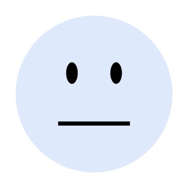Yuvarlak şekilli, siyah gözlü ve düz ağızlı basit tarafsız bir yüz. Sakinliği, tarafsızlığı, basitliği, farkındalığı ve duygusuz durumları ifade etmek için idealdir. Çizgi film karakteri, vektör, minimalist.