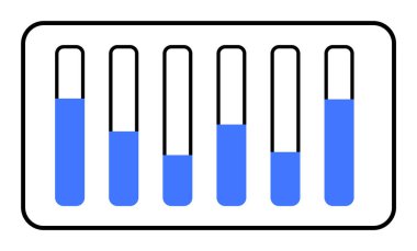 Değişik seviyelerde mavi sıvılı altı test tüpü basit, minimalist vektör tarzında. Eğitim, bilim, veri, sağlık ve laboratuvarlar için ideal.