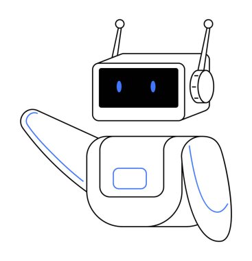 Ekran yüzü, antenleri ve kaldırılmış kolu olan bir robot el sallıyor. Basit renkler ve temiz çizgiler teknoloji dostu temayı geliştirir. Teknoloji, eğitim, robot bilimi, yapay zeka kavramları ve modern