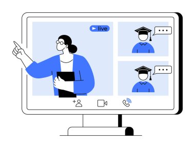 Bir öğretmen online bir oturum sırasında elinde kitap tutarken mezuniyet şapkası takan iki öğrenciyle işaret eder. Eğitim için ideal, webinarlar, sanal sınıflar, uzaktan eğitim, çevrimiçi öğretim.