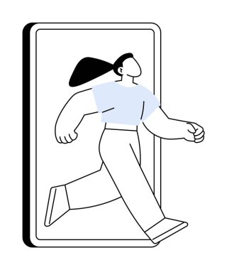 Bir kadın dijital kısıtlamalardan kurtulmayı sembolize ederek akıllı telefon ekranından çıkıyor. Teknoloji, özgürlük, dijital detoks, yenilik ve kişisel gelişim için ideal. Minimalist vektör sanatı.