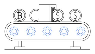 Bitcoin, Dolar ve dolar sembollü bir taşıma bandı. Teknoloji, finans, kripto para birimi, otomasyon ve yenilik temaları için ideal.