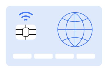 Üzerinde mikroçip, kablosuz sembol ve dünya ikonu olan mavi bir kart. Dijital ödemeler, küresel bağlantı, veri güvenliği, modern tanımlama ve teknoloji için idealdir. Basit vektör sanat biçimi.