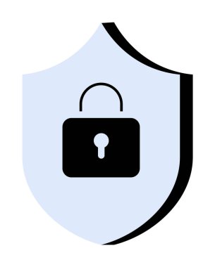 Ortasında asma kilit olan büyük bir kalkan. Basit, modern tarz. Siber güvenlik, veri koruması, mahremiyet, çevrimiçi güvenlik ve şifreleme için ideal. Dijital ortamlarda güvenliği vurguluyor.