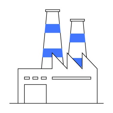 Mavi çizgili iki uzun bacalı bir endüstriyel fabrikanın basitleştirilmiş temsili. Endüstriyel, imalat, çevre, mühendislik ve ekonomik temalar için ideal. Temiz çizgi sanatı.