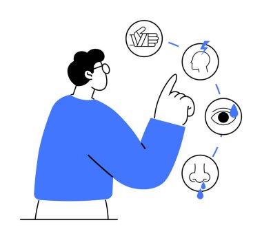 Burun, göz, baş ve doku ikonlarına işaret ediyor. Sağlık belirtilerini gösteriyor. Tıbbi, alerji, sağlık farkındalığı, eğitim, bilgi grafikleri ve sağlık için idealdir. Basit bir sanat eseri.