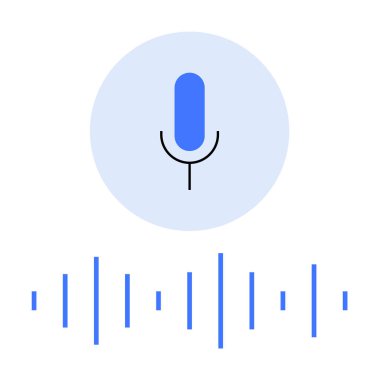 Mavi ve siyah mikrofon ikonu, merkezi dairesel arkaplan, aşağıda mavi ses dalgası. Podcastler, ses kayıtları, ses tanıma, ses tasarımı, radyo programları için ideal. Minimalist, modern tarz..