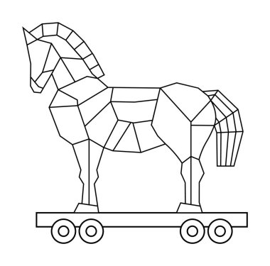 Tekerlekli platformda bir Truva atının geometrik siyah beyaz çizimi. Tarih, eğitim, mitoloji, savaş, aldatma, antik Yunanistan için ideal. Basit vektör biçimi.