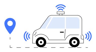 Sinyal dalgaları yayan küçük otonom bir araç konum piminin yanında konumlandırılmış, navigasyon, teknoloji ve bağlantıyı vurguluyor. Kendi kendine giden arabalar, GPS takibi, akıllı teknoloji için ideal,