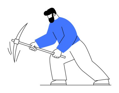 Mavi kazaklı ve beyaz pantolonlu sakallı adam kazmayla madencilik yapıyor. Madencilik, sıkı çalışma, işçilik, inşaat ve verimlilik için ideal. Temiz, modern, minimalist tarzda..
