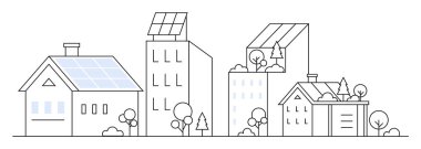 Güneş panelleri ve çevreleyen ağaçları olan binaları gösteren basit bir şehir çizgisi sanatı. Kentsel tasarım, eko-dostluk, yenilenebilir enerji, modern mimari ve sürdürülebilirlik temaları için ideal.