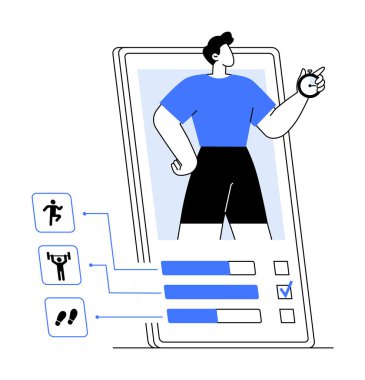 Görüntü, elinde kronometre tutan spor kıyafetli biriyle fitness uygulaması gösteren bir akıllı telefonu gösteriyor. Uygulamada farklı çalışma seçenekleri ve ilerleme çubukları vurgulanıyor. Fitness takibi için ideal, w