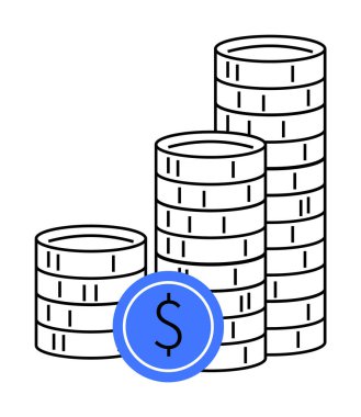 Üç deste bozuk para ve bir mavi dolar sembolü finansal büyüme ve refahı temsil ediyor. Finans, yatırım, ekonomi, refah yönetimi ve tasarruflar için ideal. Basit vektör biçimi.