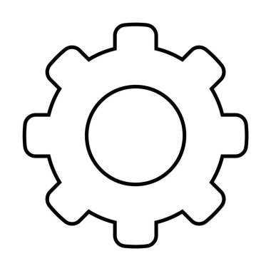 Makine, teknoloji ve ayarları temsil eden, yedi dişli ve merkezi çemberli siyah beyaz bir dişli. Mühendislik, teknoloji, makine, imalat ve yazılım temaları için ideal.