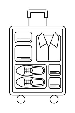 Düzgün katlanmış giysi ve ayakkabılarla dolu bir bavul. Seyahat için ideal, paketleme ipuçları, tatil hazırlığı, organizasyon ve minimalist paketleme için. Basit satır sanatı tarzı.