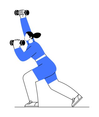 Mavi atletizm kıyafeti giymiş bir kadın, iki elinde de dambılları kaldırırken dik bir hamleyle hareket ederken resmediliyor. Saçları at kuyruğu şeklinde bağlanmış ve spor ayakkabı giyiyor. Formda kalmak için ideal.