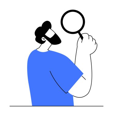 Sakallı ve mavi gömlekli birinin elinde büyüteç var. Analiz, araştırma, araştırma, merak ve keşif için ideal. Basit vektör biçimi.