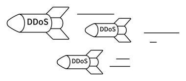 Three missiles labelled DDoS to represent cyberattacks. Ideal for cybersecurity awareness, network protection, IT risk management, cyber threats, online security. Simple line art, minimalistic style clipart