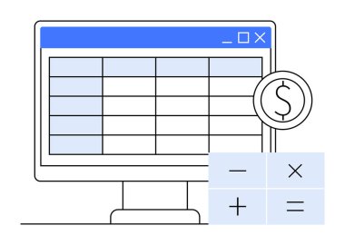 Hesap tablosu, hesap makinesi ve para birimi sembolü olan masaüstü ekranı. Finans, bütçe, muhasebe, veri analizi ve iş yönetimi görevleri için idealdir. Temiz, minimalist vektör biçimi.