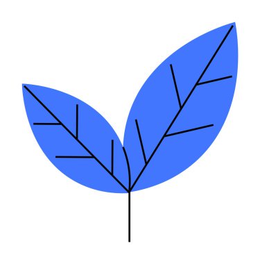Siyah damarları düz siyah bir sapla birbirine bağlı iki minimalist mavi yaprak. Doğa temaları, çevre dostu tasarımlar, botanik çizimler, basit dekorasyon ve modern vektör sanatı için idealdir. Temizle