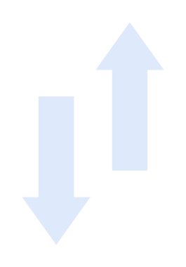 İki mavi ok, biri yukarı ve diğeri aşağı, yön hareketini sembolize ediyor. Navigasyon, karar verme, çizelgeler, ilerleme ve karşılaştırma için ideal. Minimalist ve temiz vektör.