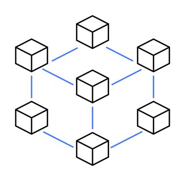 Bir ağ yapısını gösteren mavi çizgilerle bağlanmış altı küp. Teknoloji, engelleme zinciri, ağlar, veriler, dijital sistemler için ideal. Basit vektör biçimi.