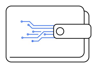 Üzerinde mavi devre çizgileri olan dijital bir cüzdan. Basit çizgiler. Teknoloji, finans, dijital işlemler, siber güvenlik ve yenilik temaları için idealdir. Temiz, minimalist, fütürist.