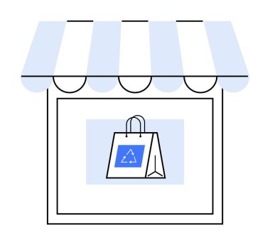Mavi ve beyaz tenteli küçük bir dükkan vitrininde, içinde üçgen bir sembol bulunan bir alışveriş çantası sergileniyor. Çevrimiçi alışveriş, perakende satış, e-ticaret, küçük işletmeler, mağaza logosu için ideal. Çizgi sanatı.