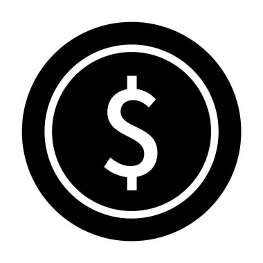 Merkezinde beyaz dolar sembolü olan, finansal temaları temsil eden siyah bir daire. Ekonomi, bankacılık, tasarruflar, yatırımlar ve zenginlik yönetimi için ideal. Minimalist vektör sanatı.