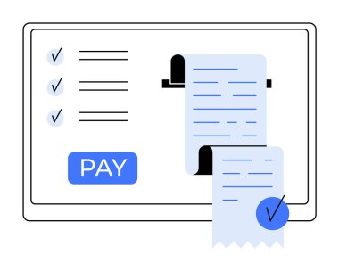 Kontrol listesi ve ödeme düğmeli makbuzlar ekran görüntüsü. Çevrimiçi ödemeler, dijital işlemler, e-ticaret, finansal hizmetler ve fatura için ideal. Minimalist, temiz, modern.