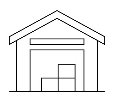 İçinde üç kutu istiflenmiş bir deponun basit çizimi. Lojistik, depolama, nakliye, envanter yönetimi ve ticari gayrimenkul için ideal. Minimalist ve temiz stil